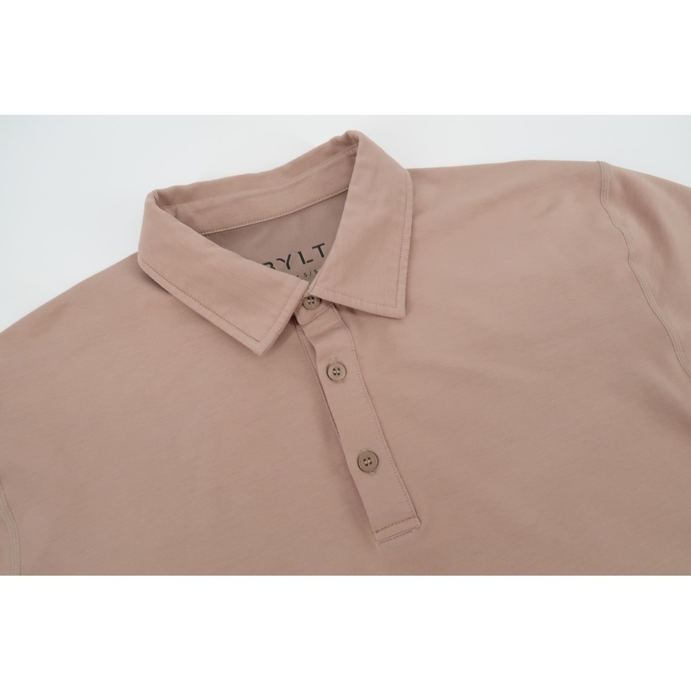 BYLT Drop Cut Lux Polo Mens Medium Brown Sand Short Sleeve Curved Hem
